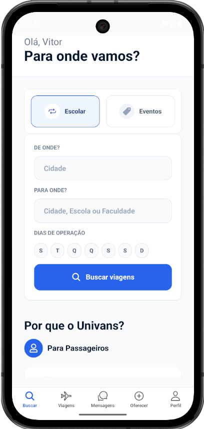 Tela de busca de vans escolares no app UniVans