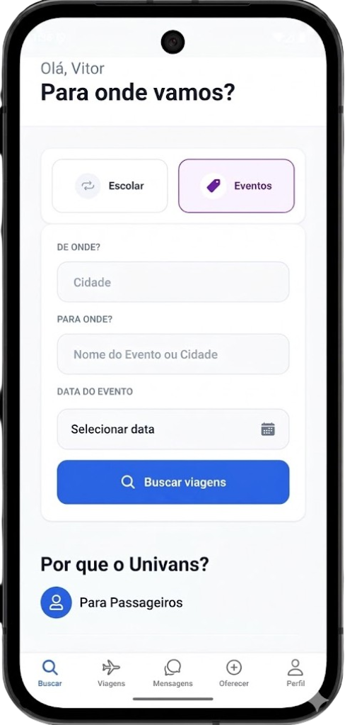 Tela de busca de excursões e eventos no app UniVans